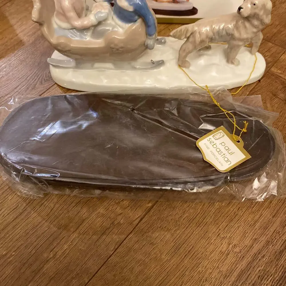 Paul Sebastian‎ Figurine Sleigh Ride With Dog Porcelain With Wood Base Vintage